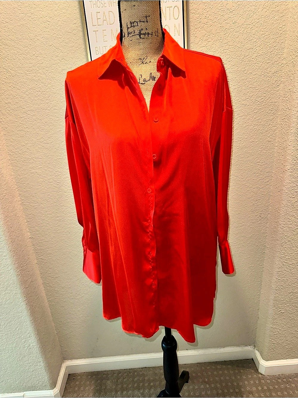 Zara Satin Effect Oversized Shirt Red Small NWT